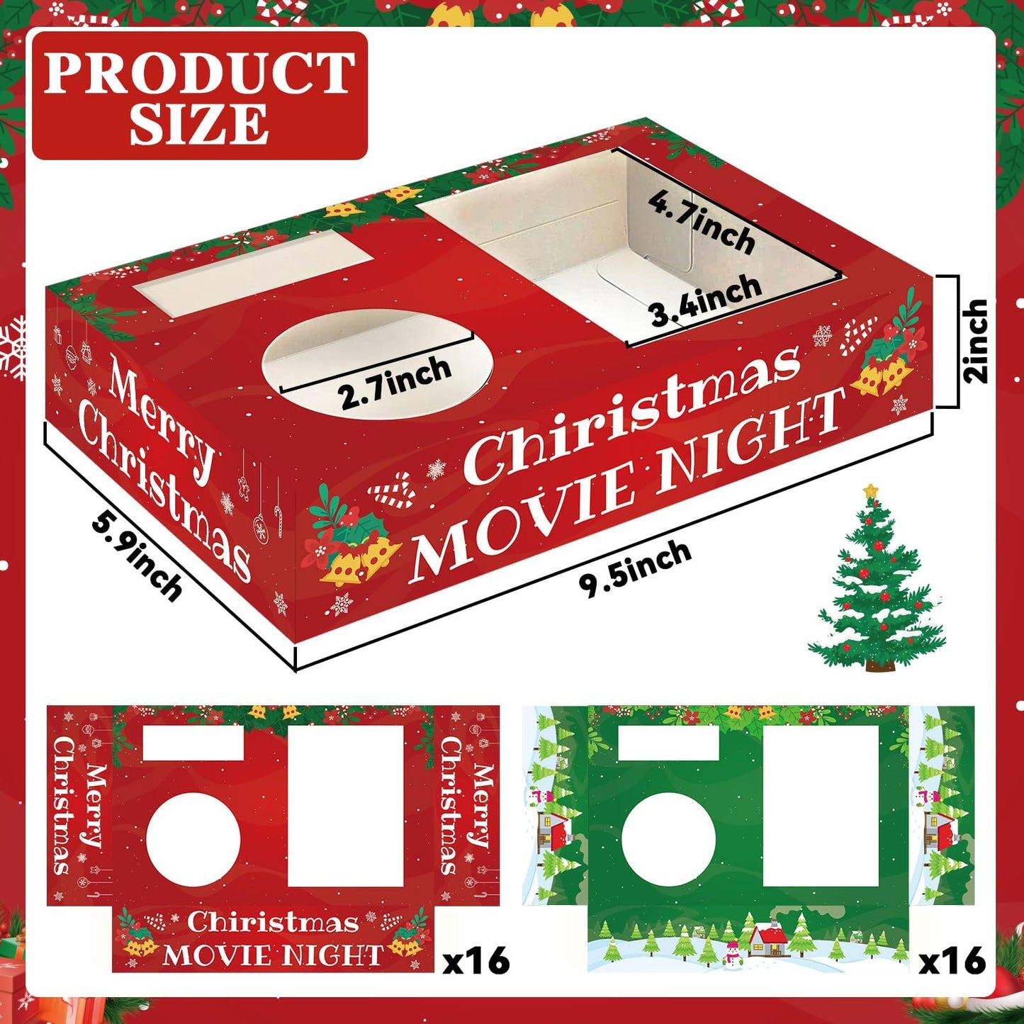 QOUBAI 32Pcs Christmas Party Supplies Movie Night Paper Snacks Boxes Xmas Santa Snowman Cinema Movie Theater Snack Tray Party Decorations Popcorn Drink Holder Set for Holiday Birthday Holiday