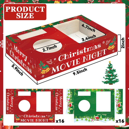 QOUBAI 32Pcs Christmas Party Supplies Movie Night Paper Snacks Boxes Xmas Santa Snowman Cinema Movie Theater Snack Tray Party Decorations Popcorn Drink Holder Set for Holiday Birthday Holiday