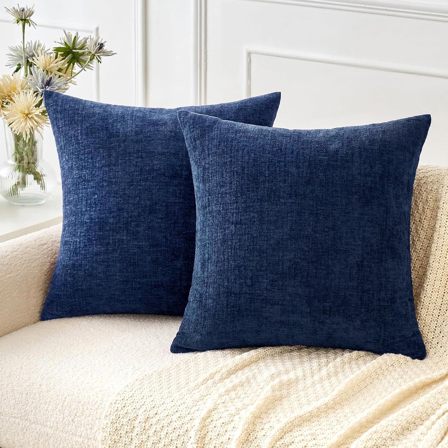 MIULEE Pack of 2 Couch Throw Pillow Covers 16x16 Inch Spring Soft Navy Chenille Pillow Covers for Sofa Living Room Solid Dyed Pillow Cases