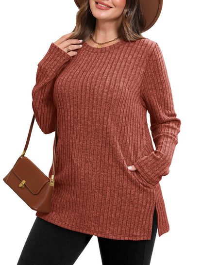 SAMPEEL Womens Sweaters Crewneck Long Sleeve Shirts with Pockets Fall Outfits 2025 Fashion Winter Clothing Side Slit