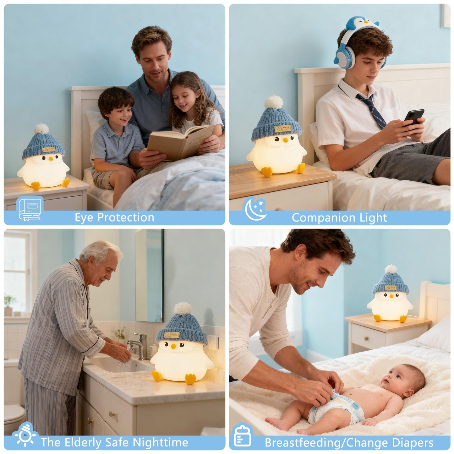 FAMIDUO Penguin Night Light with Knit Hat, Cute Silicone Nursery Lamp - Dimmable Squishy Animal Light - Heartwarming Gift for New Mom, Kids Birthday & Baby Shower - Kids Room Decor