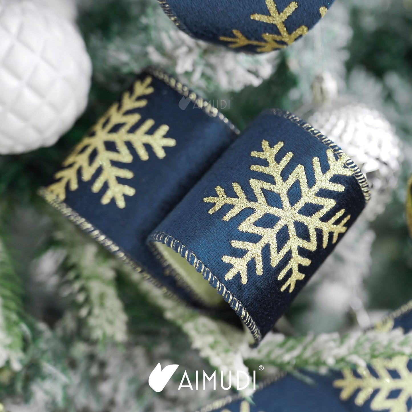 AIMUDI Navy Blue Velvet Ribbon 2.5 Inch Navy and Gold Snowflake Christmas Wired Ribbon for Gift Wrapping, Wreaths, Christmas Trees, Garlands, Holiday Crafts, Topper Bows, Home Decor 10 Yards