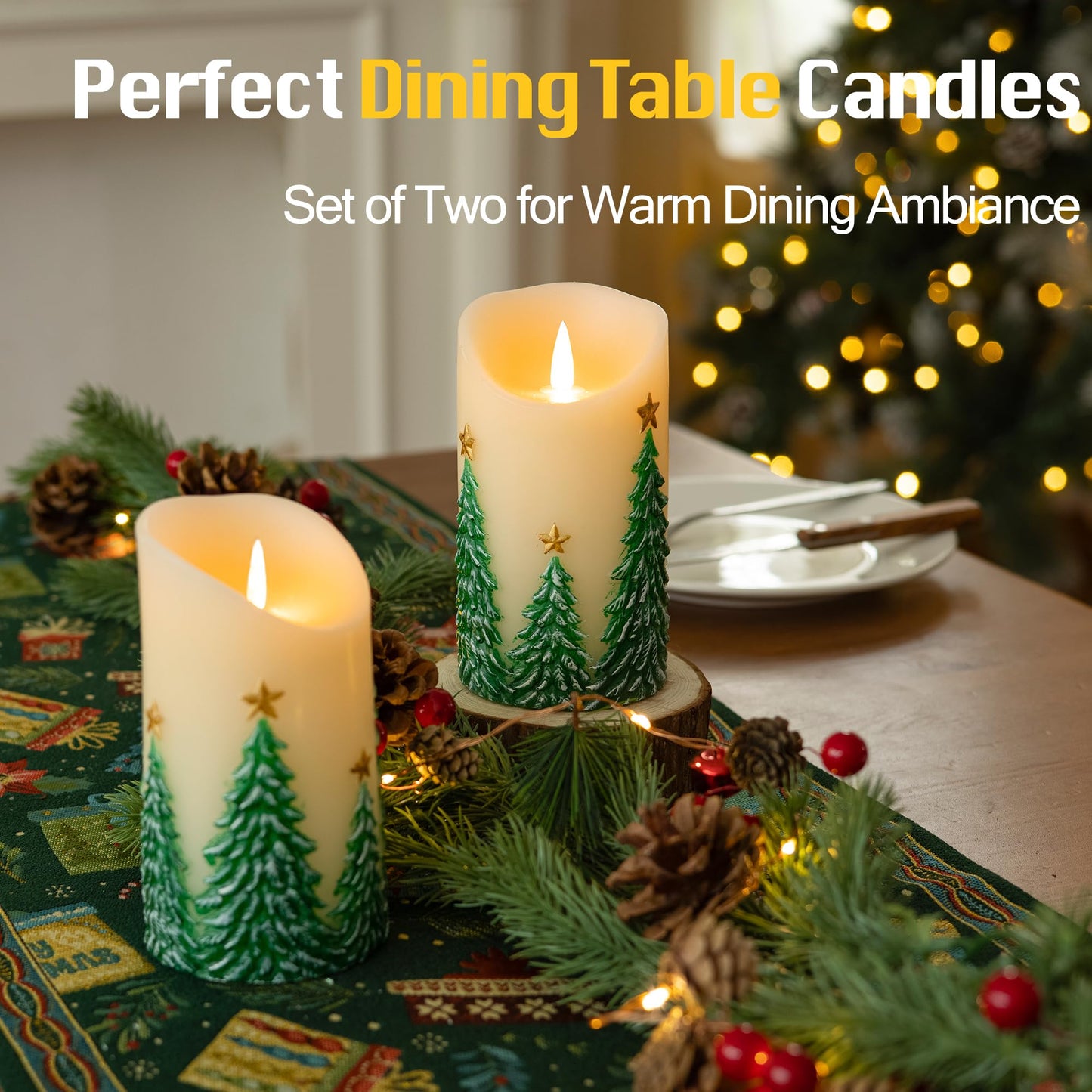 JOIONE Christmas Embossed Tree Flameless Candles with Remote, Battery-Operated Real Wax LED Candle with Flickering Flame, Christmas Home Decor, Set of 2