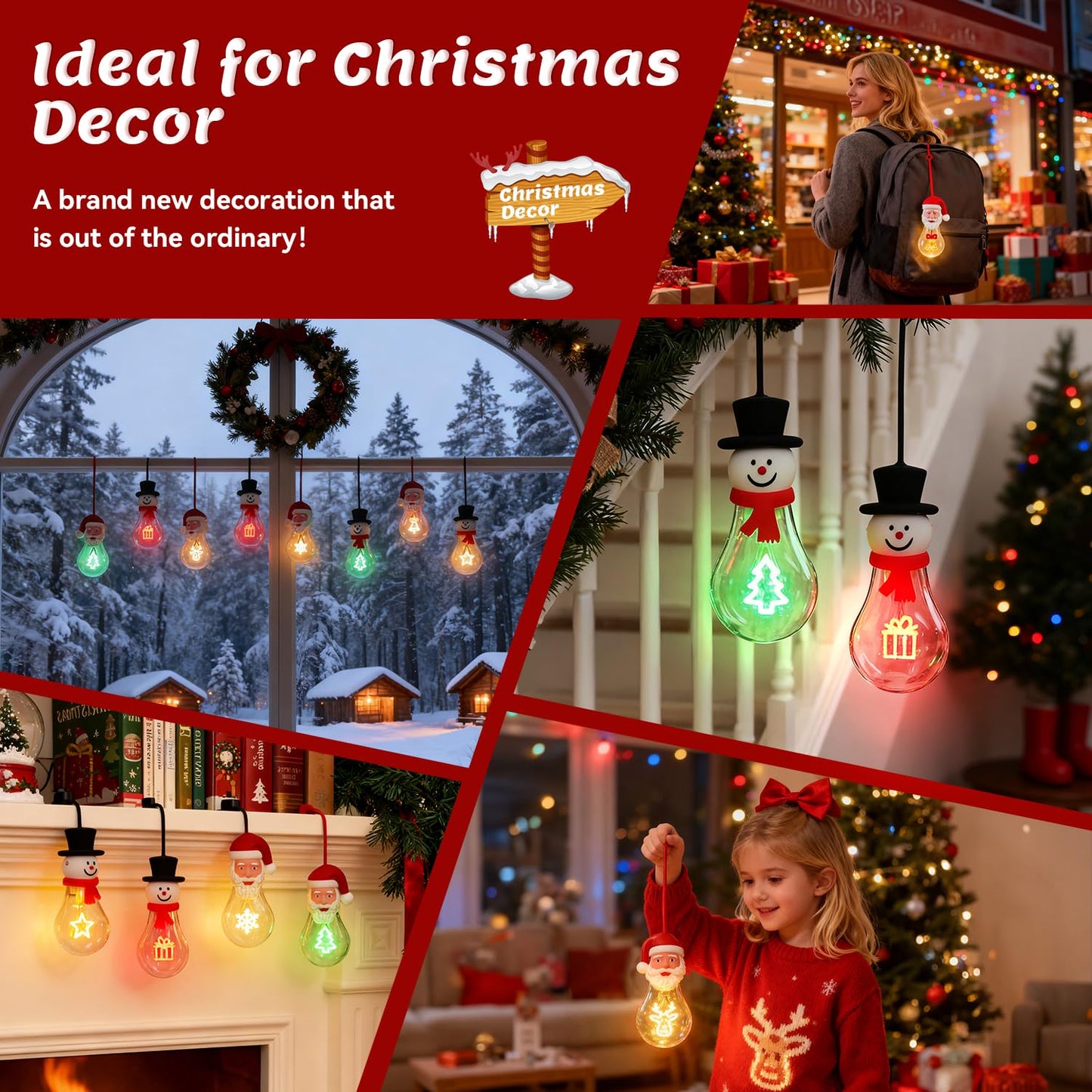Brightever 2-Pack Hanging Christmas NightLights, USB Rechargeable Indoor Christmas Decorations A19 LED Light Bulb with Snowflake and Star LED Filaments, Great Gift Ideal for Kids, Friends, Family