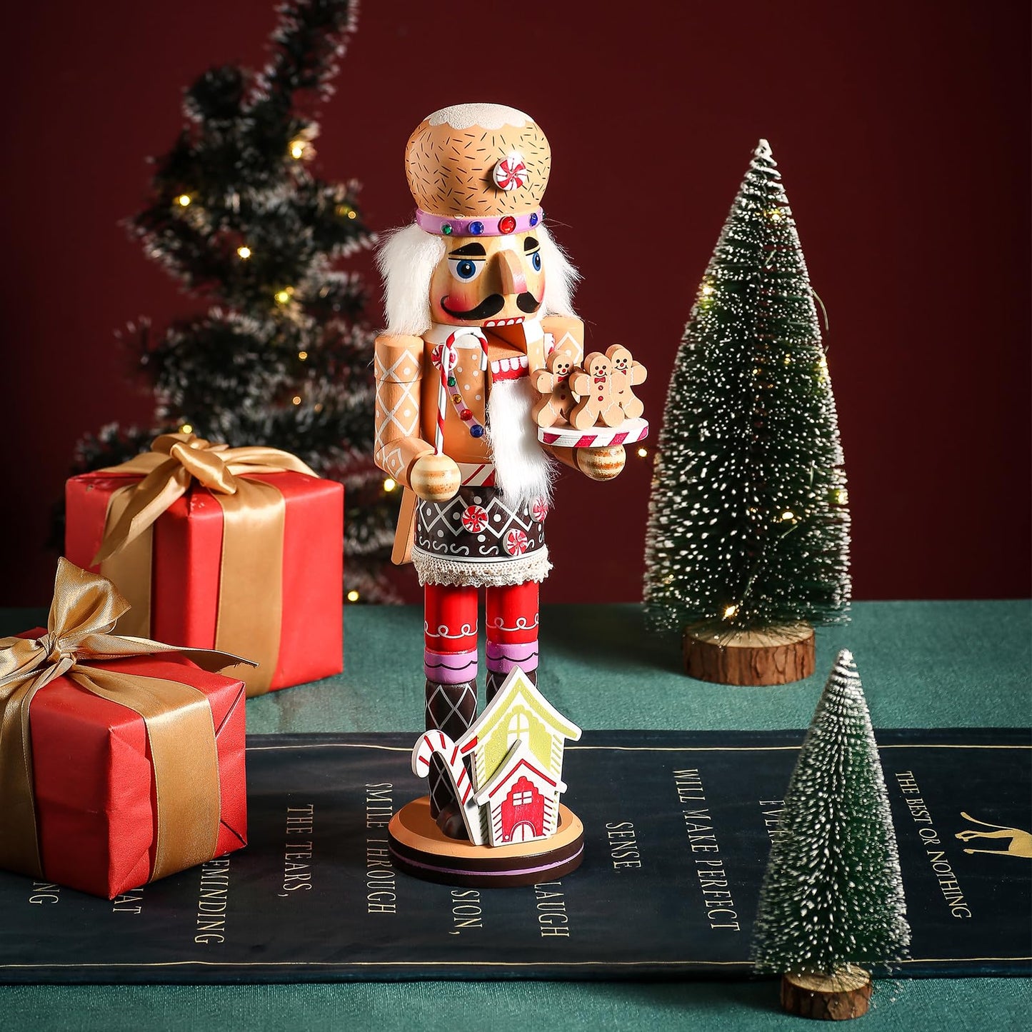 KoolShare 15-Inch Gingerbread Christmas Nutcracker, Wooden Baker Figurine with Cupcake Hat, Tray of Gingerbread Men & Candy House Base, Handcrafted Candy Land Decor for Holiday Mantel or Tabletop