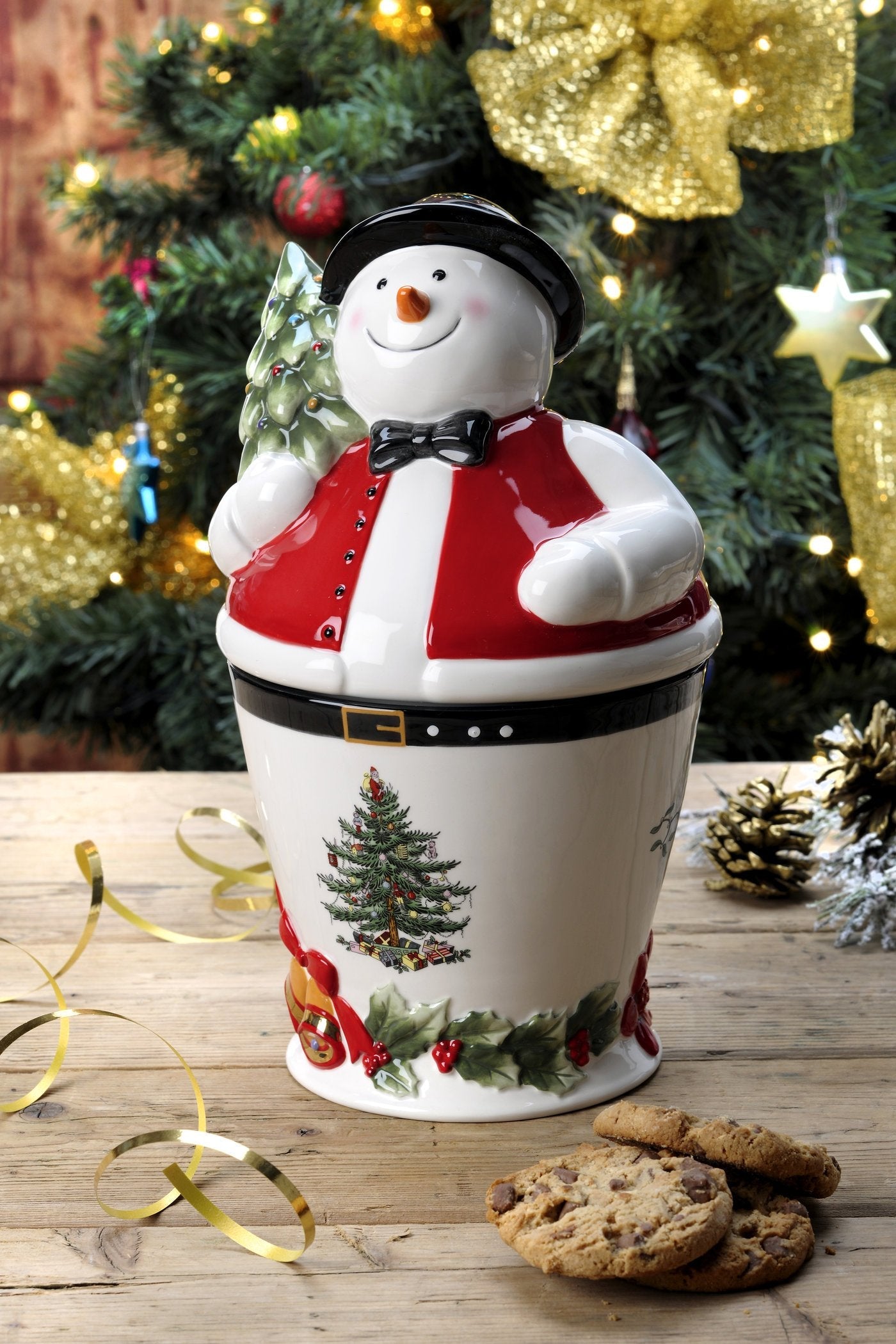 Spode Christmas Tree Mr. Snowman Cookie Jar - 10" Dolomite Christmas Jar with Lid - Winter-Themed Candy Jar for Kitchen Counter, Holiday Container, Festive Kitchen Decor, Seasonal Gift