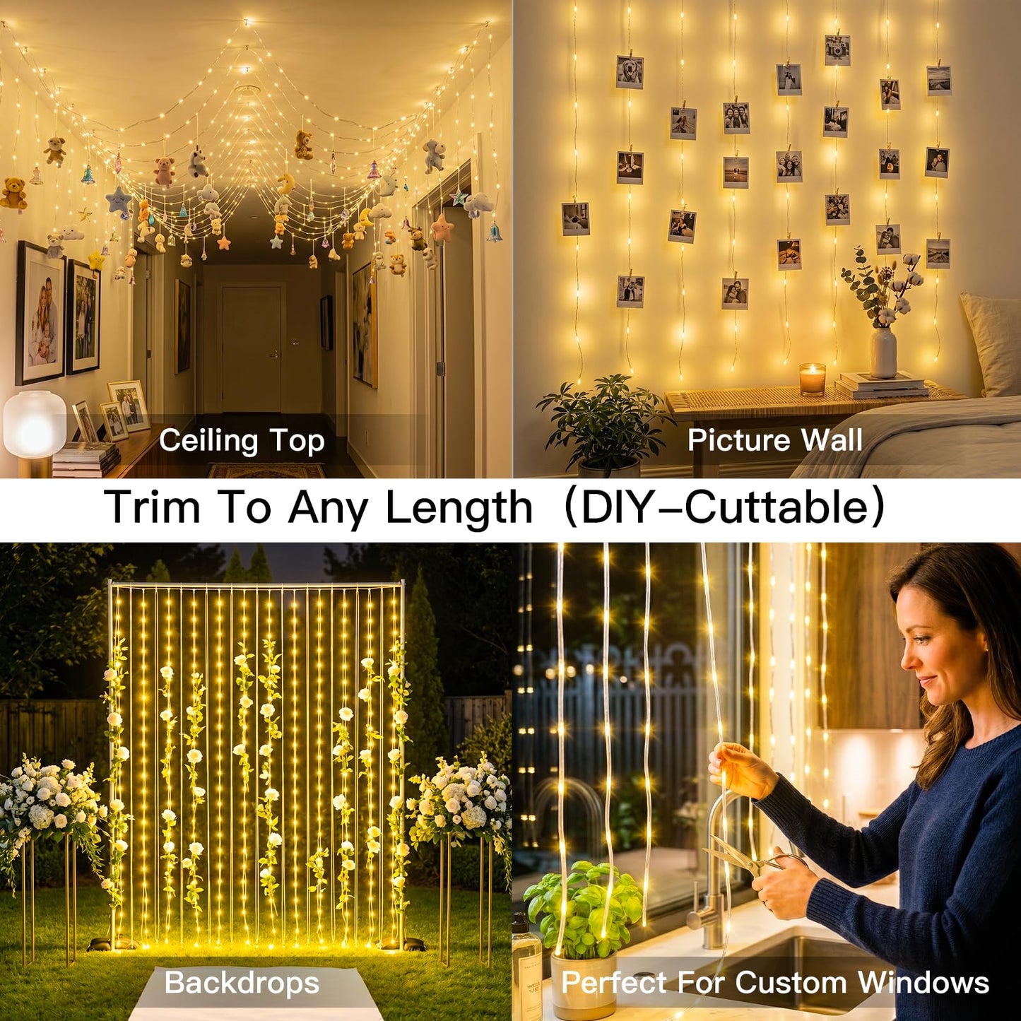 suddus Tangle-Free Curtain Lights,200 LED 6.5x6.5ft Hanging Lights with Hooks, Curtain Lights for Bedroom,Christmas, Dorm, Wall, Backdrop, Window, Wedding, Party, Birthday Decor, Warm White