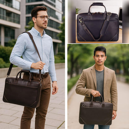 Full Grain Leather Slim Briefcase for Men 17.6 Inch Laptop Messenger Bags Crossbody Shoulder Brown Vintage Attache Case Business Work Lawyer Computer Bag