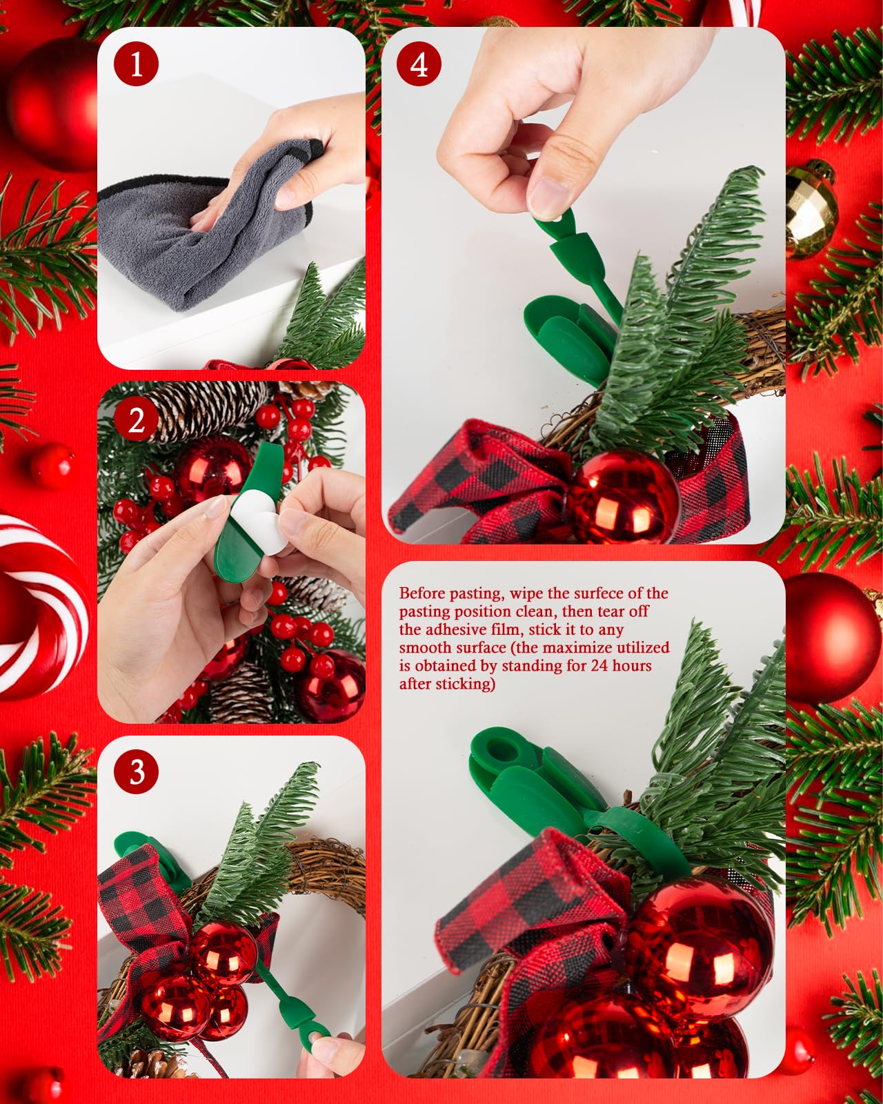 Duseu 20 Pcs Christmas Garland Ties, Garland Hangers for Mantle, Fireplace Stocking and Wreath Hanger Hooks Silicone Adhesive Straps Holder for Door Frame