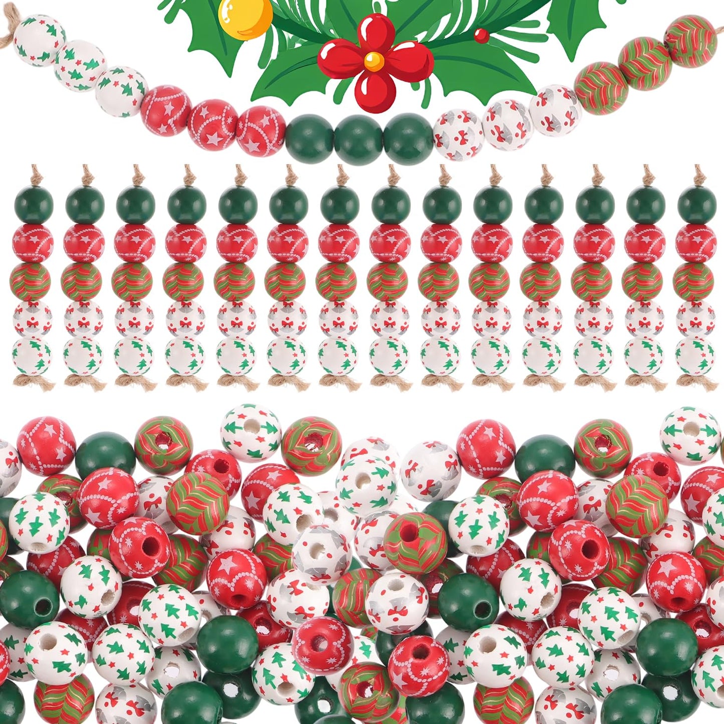 200 Pcs Christmas Wooden Beads for Crafts Red Green Round Craft 5 Styles Christmas Tree Bell Peppermint Swirl for Xmas DIY Garland Jewelry Making Home Decor