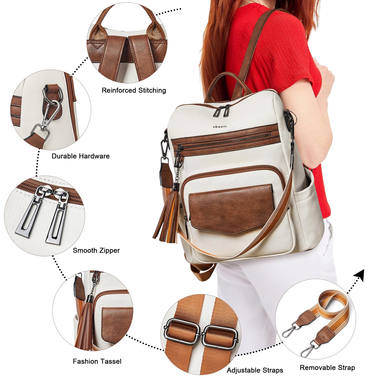 Shrrie Backpack Purse for Women Travel Faux Leather Fashion Backpack for Women,Convertible Crossbody Shoulder Bag for Ladies with Adjustable Strap for Work College