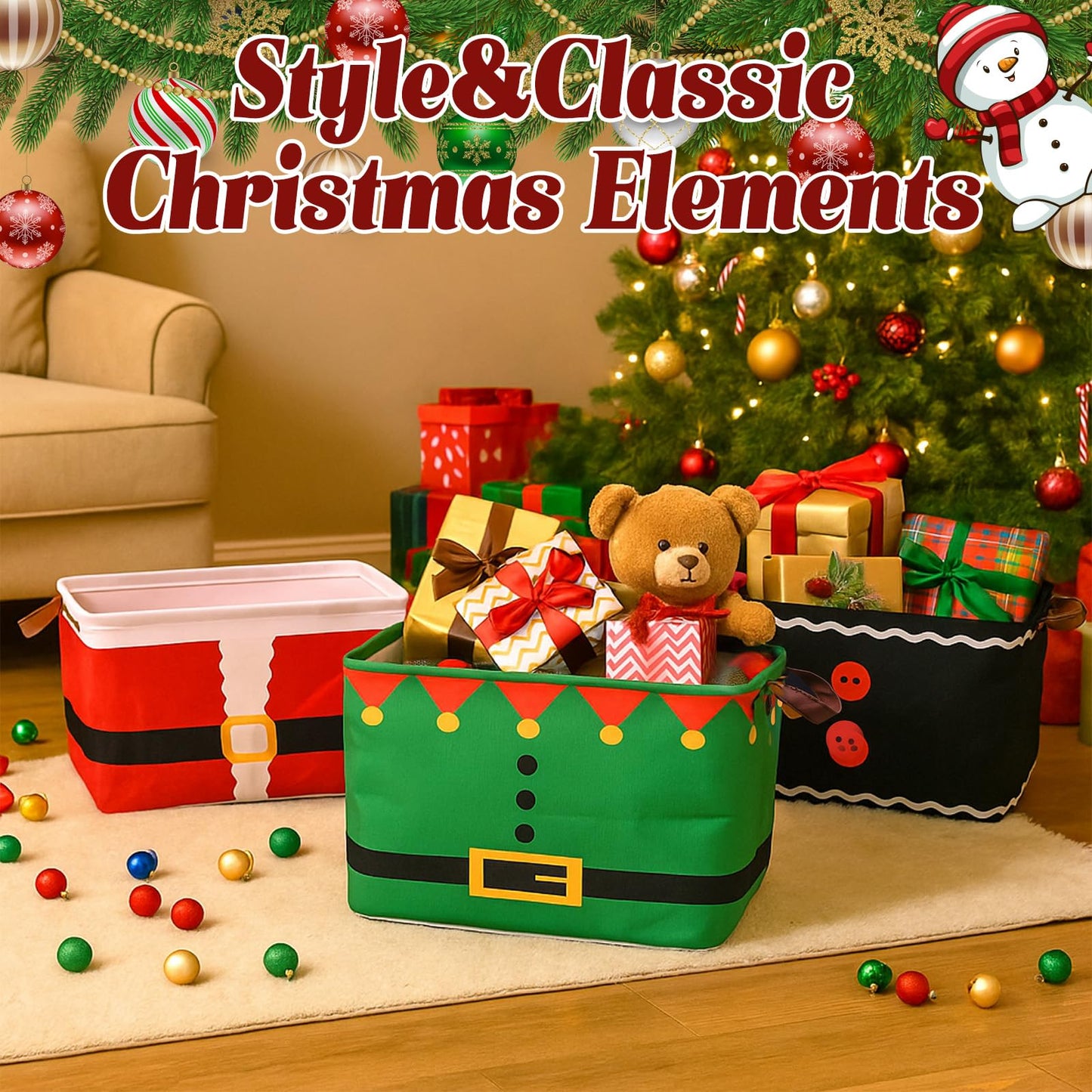 Bokon 3 Pack Christmas Storage Basket for Gifts Empty Collapsible Large Xmas Storage Bins Canvas Foldable Laundry Basket with Handle Clothes Containers for Office Home Bedroom(Santa Suit)