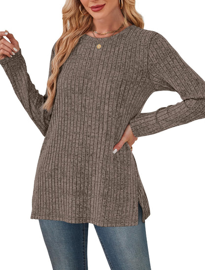 SAMPEEL Womens Sweaters Crewneck Long Sleeve Shirts with Pockets Fall Outfits 2025 Fashion Winter Clothing Side Slit