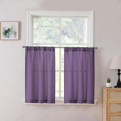 Tollpiz Linen Tier Curtains Rod Pocket Semi Sheer Short Kitchen Curtain Half Burlap Light Filtering Thick Linen Drape for Bathroom, 30 x 30 inches Long, Royal Purple, Set of 2 Panels