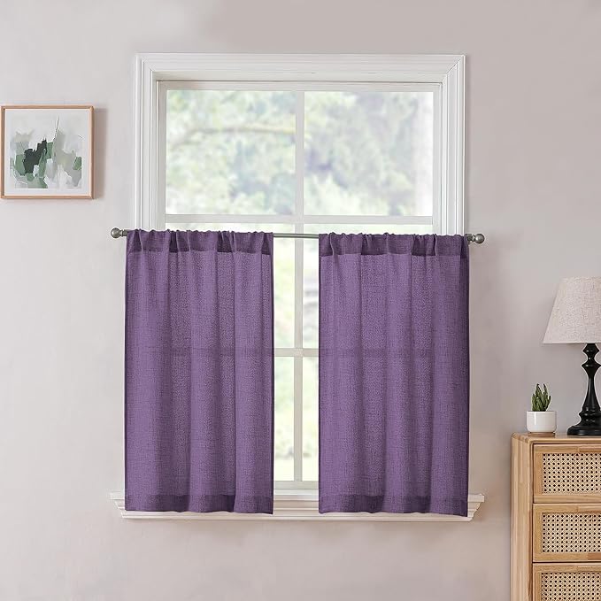 Tollpiz Linen Tier Curtain Rod Pocket Semi Sheer Half Kitchen Curtains Burlap Light Filtering Thick Linen Drape for Bathroom, 30 x 36 inches Long, Royal Purple, Set of 2 Panels