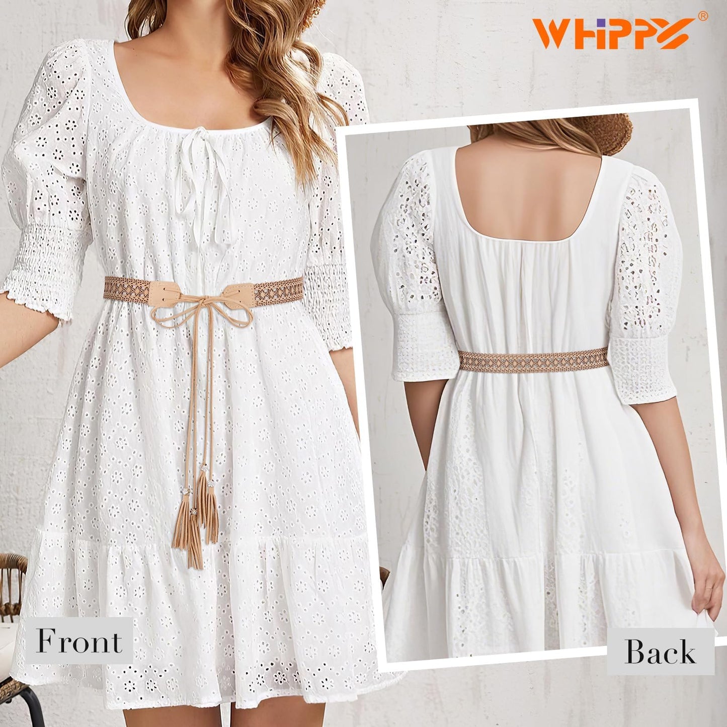 WHIPPY Boho Braided Tassel Belt for Women Western Ethnic Dress Belts Cowgirl Vintage Hollow Floral Waistband with Wax Rope, Beige S