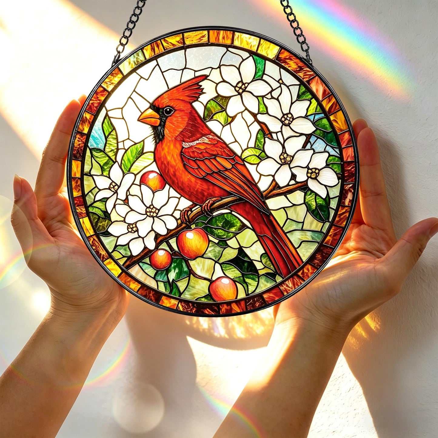 Stained Glass Window Hanging, 7.8 Inch Cardinals Stained Glass Suncatcher, Bird Window Hanging Decor, Cardinal Decor, Cardinal Gifts, Gifts for Women, Bird Lovers, Christmas, Mother's Day, Birthday ﻿