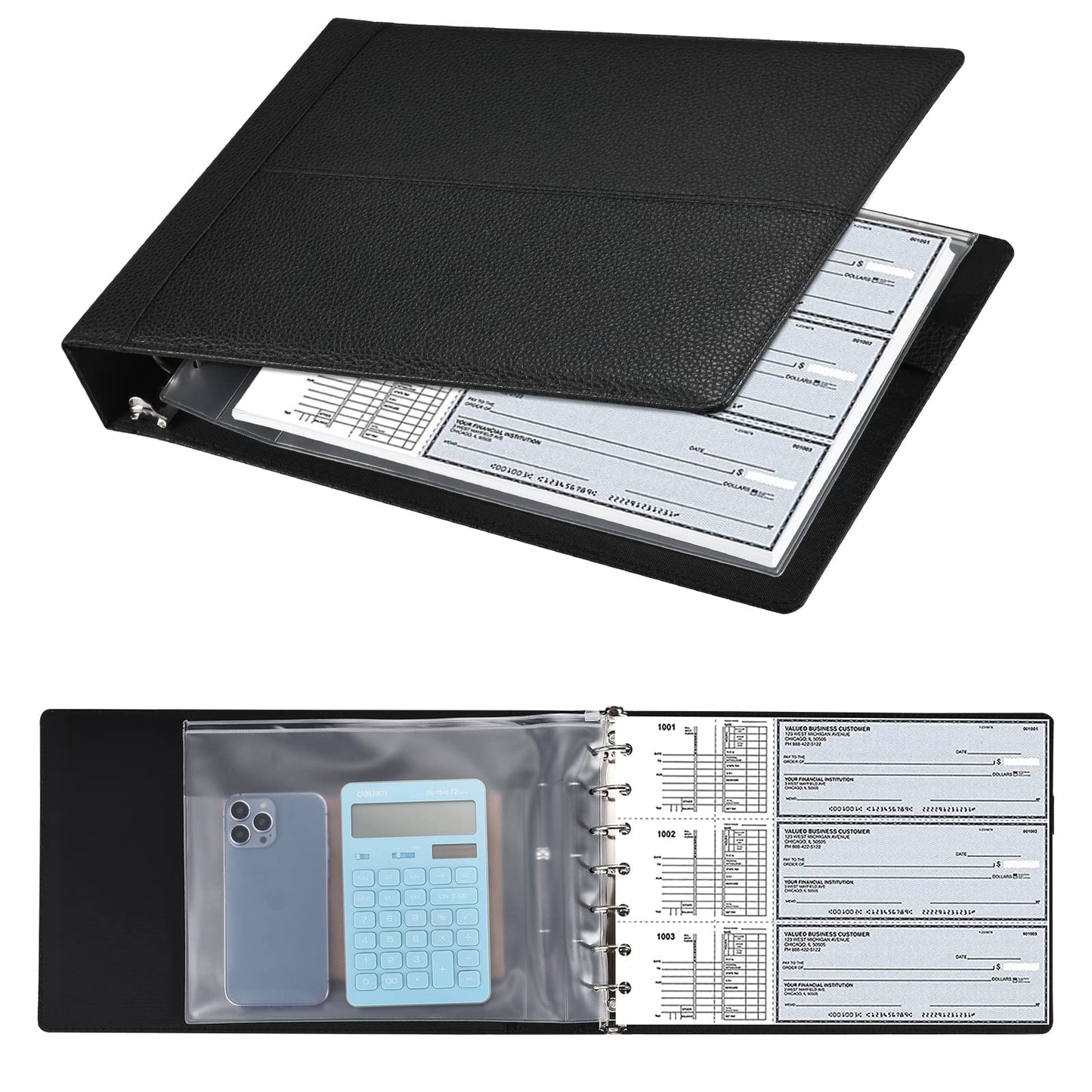 7 Ring Executive Business Check Binder 600 Checks Capcity for 9" x 13" Sheets, PU Leather Checkbook Holder with Zip Pouch