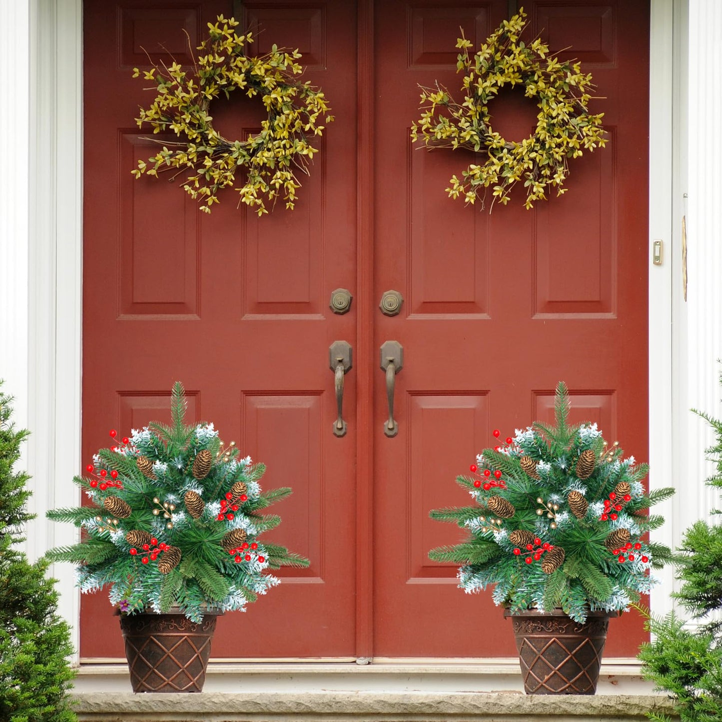 Set of 2 24Inch Lighted Christmas Tree Urn Filler, Artificial Holiday Planters, Flocked Xmas Trees with Cones Berries, Outdoor Christmas Decorations for Planter, Porch, Yard