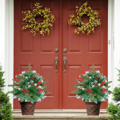 Set of 2 24Inch Lighted Christmas Tree Urn Filler, Artificial Holiday Planters, Flocked Xmas Trees with Cones Berries, Outdoor Christmas Decorations for Planter, Porch, Yard