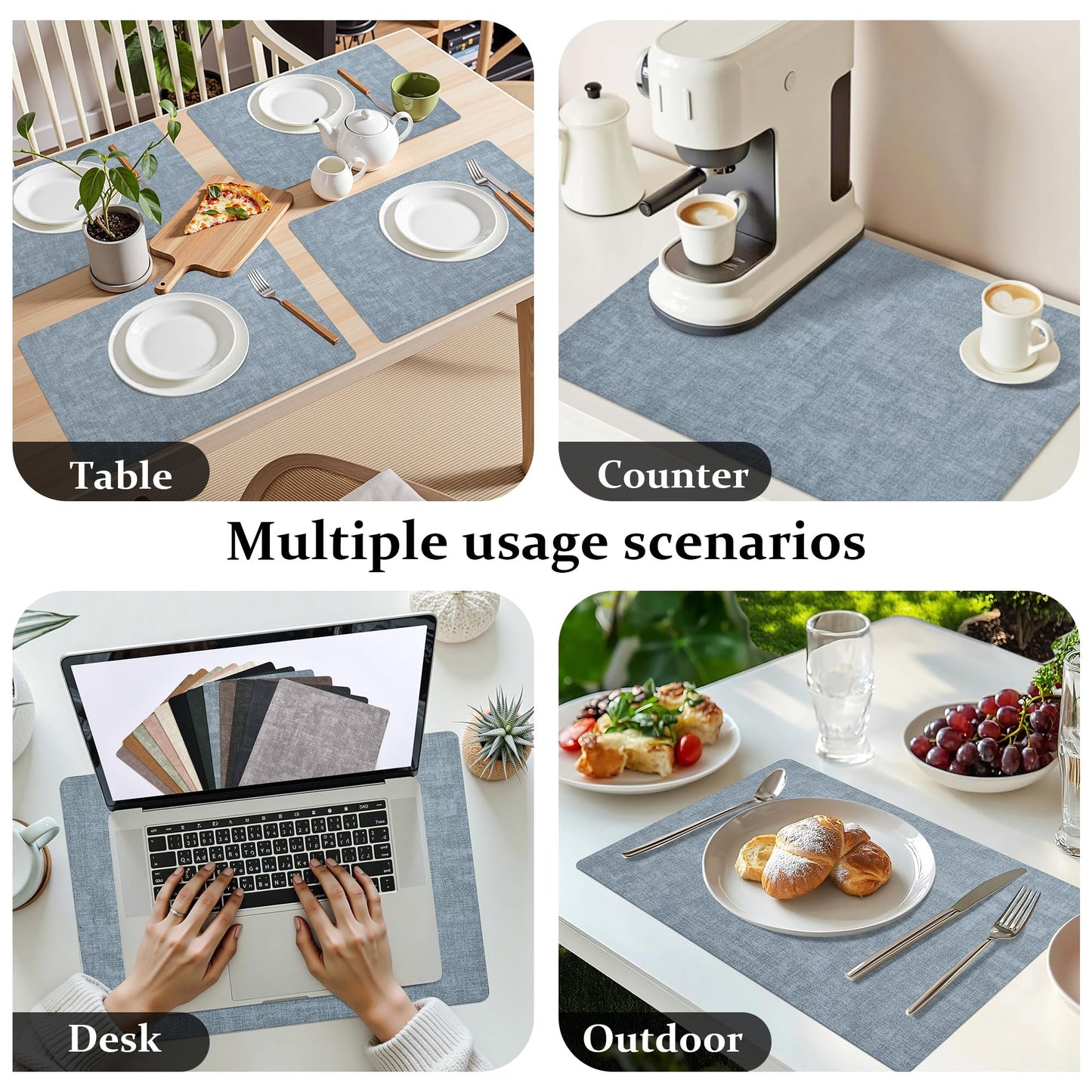 FROMHEART Faux Leather Placemats Set of 6–Waterproof,Heat/Oil Stain-Resistant PU Table Mat–Reversible,Non-Slip,Easy to Clean Place Mats for Kitchen,Dining,Indoor/Outdoor,(Light Blue,11.8" x 17")