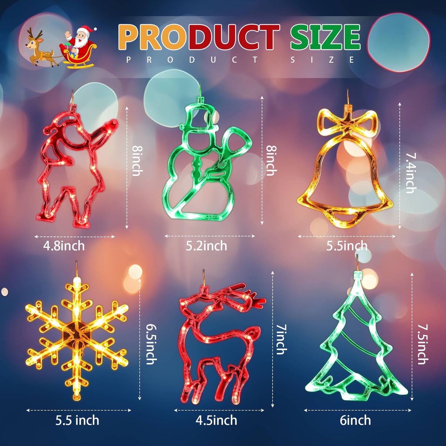 Baquler 6 Pcs Christmas Window Lights Decorations with Suction Cup Battery Operated Christmas Window Hanging Lights Santa Reindeer Snowman Xmas Tree Snowflake Bell for Xmas Tree Fireplace Indoor Decor