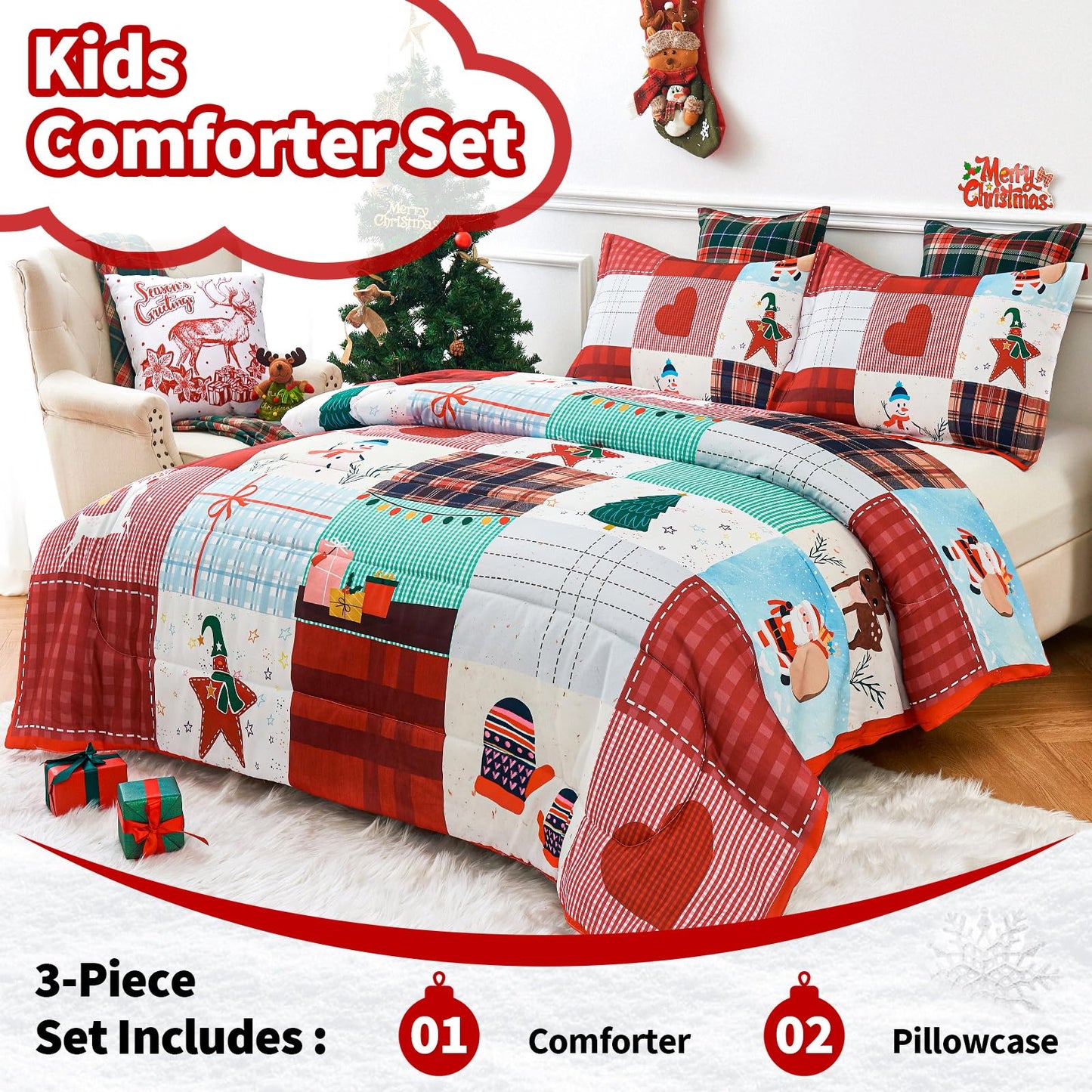 YIYEA Christmas Full Size Comforter Sets for Girls Boys, Cute Kids Comforter with 2 Pillowcase, Ultra Soft Brushed Microfiber Christmas Bedding Comforter Sets, Suit for All Season, Machine Washable