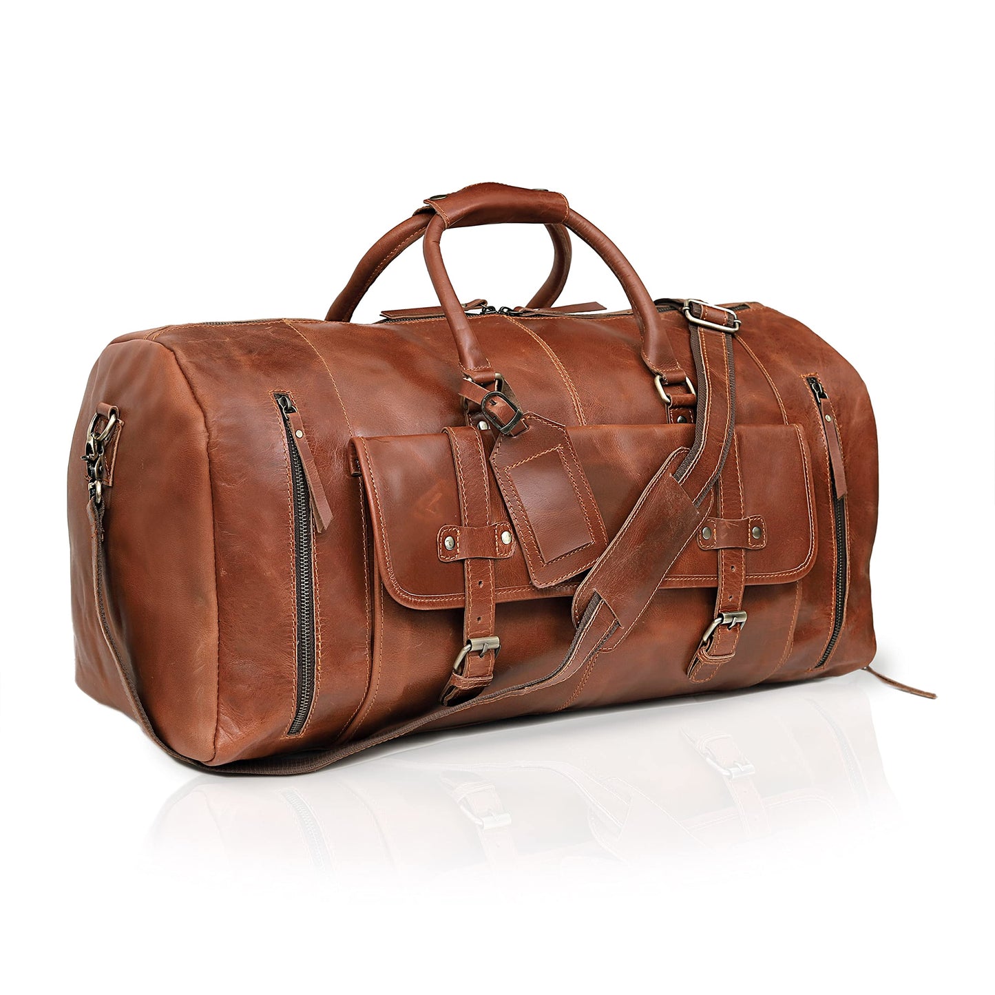 24 Inch Leather Duffle Bags for Men Large Full-Grain Buffalo Leather Overnight Gym Bag, Luggage Weekend Travel Bag for Men & Women, Carry On Airplane Cabin Bag with Shoe Compartment