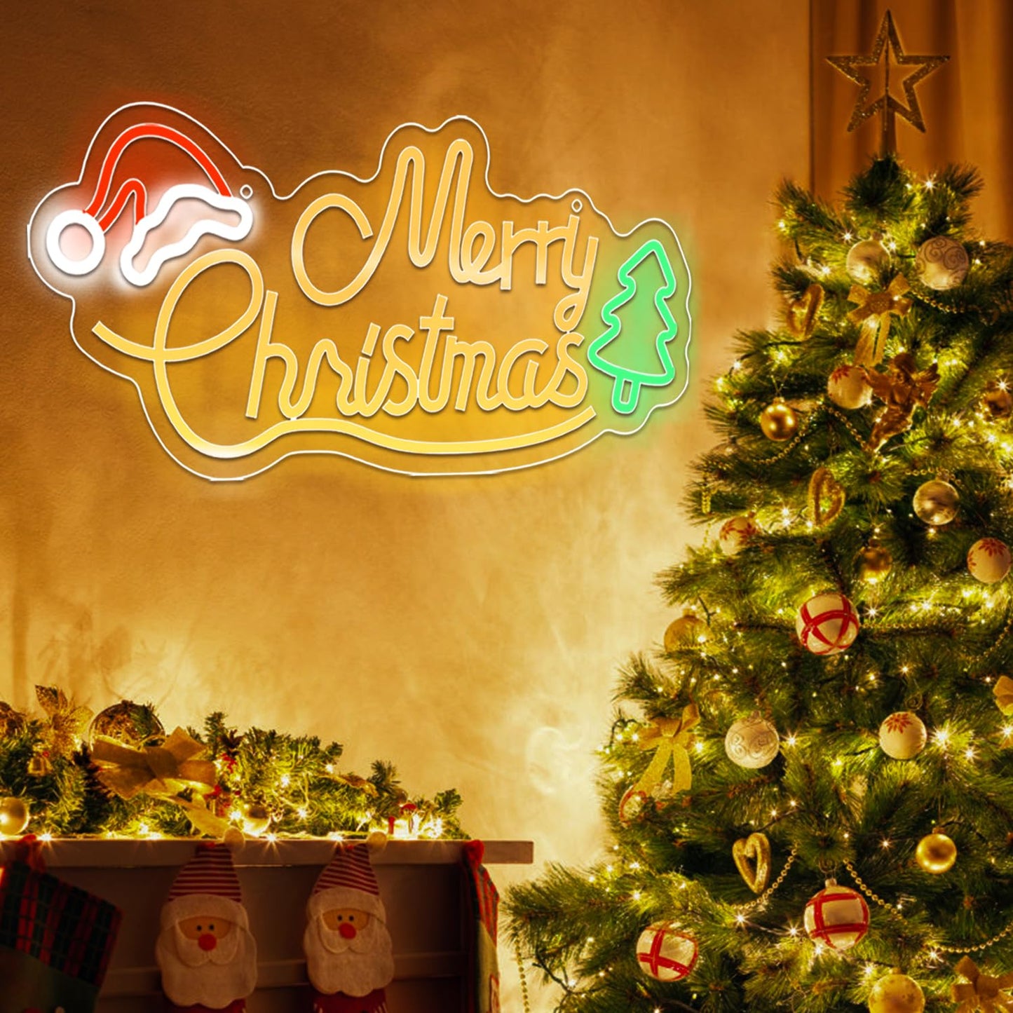 Louxiar Merry Christmas Neon Sign, 16.7" x 7.9" Acrylic Christmas Neon Sign with Xmas Tree and Santa Hat, USB Powered Warm White LEDs for Wall Window Bedroom Living Room Home