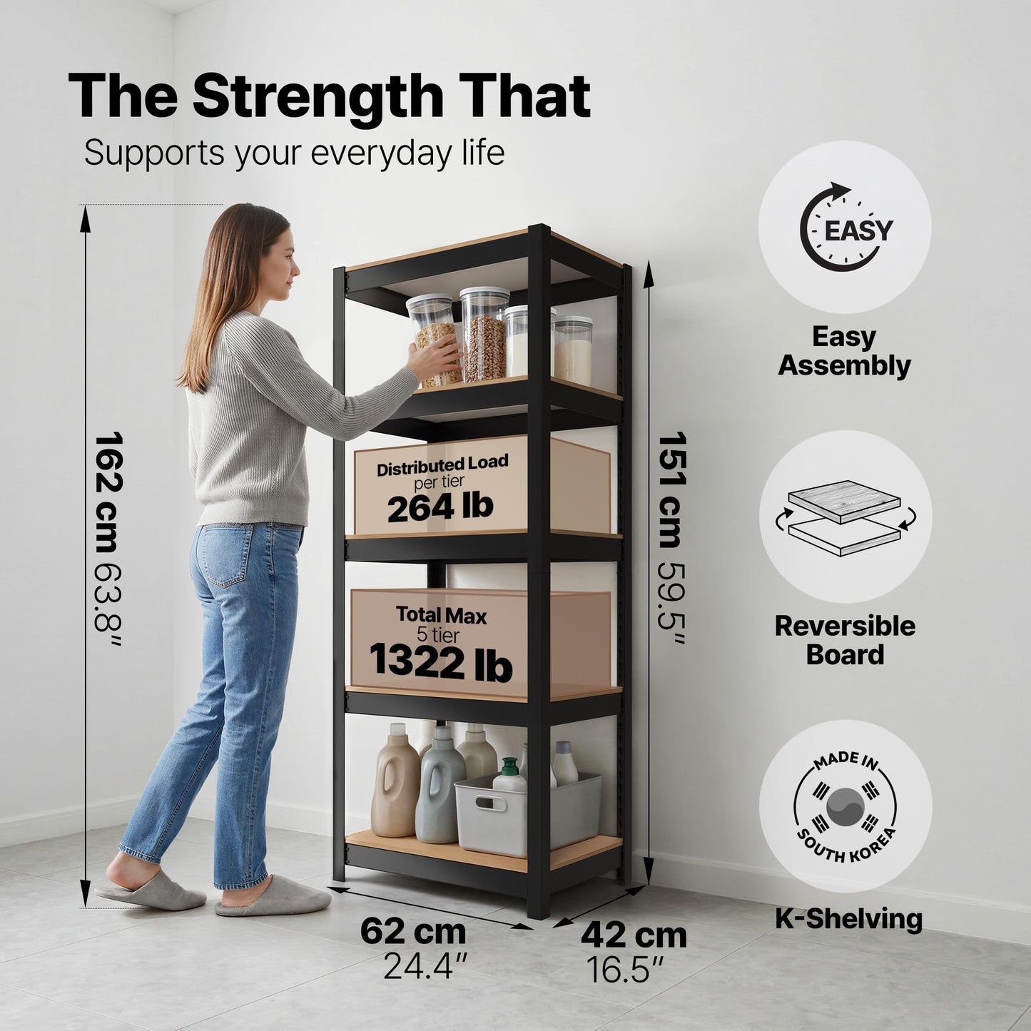 HOMEDANT House 24.4" W 5 Tier Heavy Duty Garage Shelving Adjustable Metal Rack Storage Shelves Standing Shelf Unit Organizers Pantry Closet Office Black 1Pack