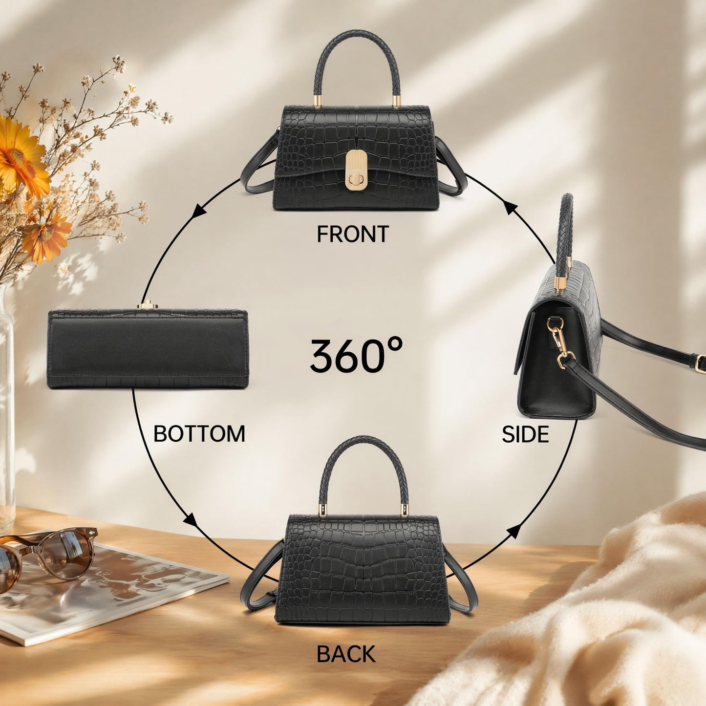 Goinsound Top Handle Bag for Women Small handbags Medium Square purses Designer Clutch with Detachable Strap Black
