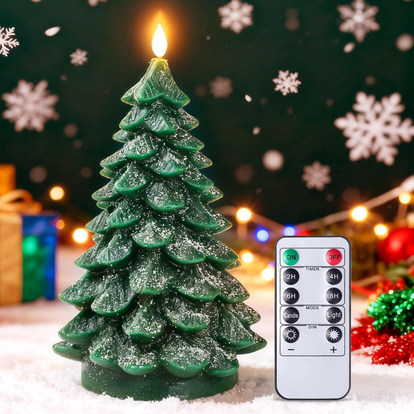 LiuSuper Christmas Tree Flameless LED Candle with Remote Timer, 1PC Real Wax Battery Operated Flickering Candle with Snowfall Effect, Safe for Holiday Home Decor
