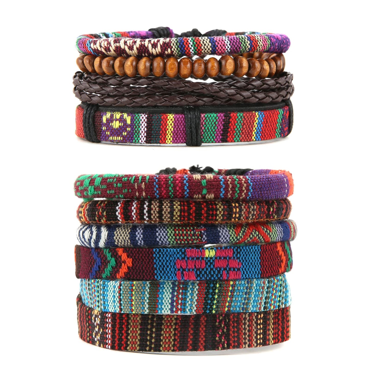 HZMAN 2Pcs Handmade Braided Leather Bracelet for Men Women Bohemian Ethnic Tribal Multilayer Hemp Rope Wristbands Wrap Cuff Bracelet