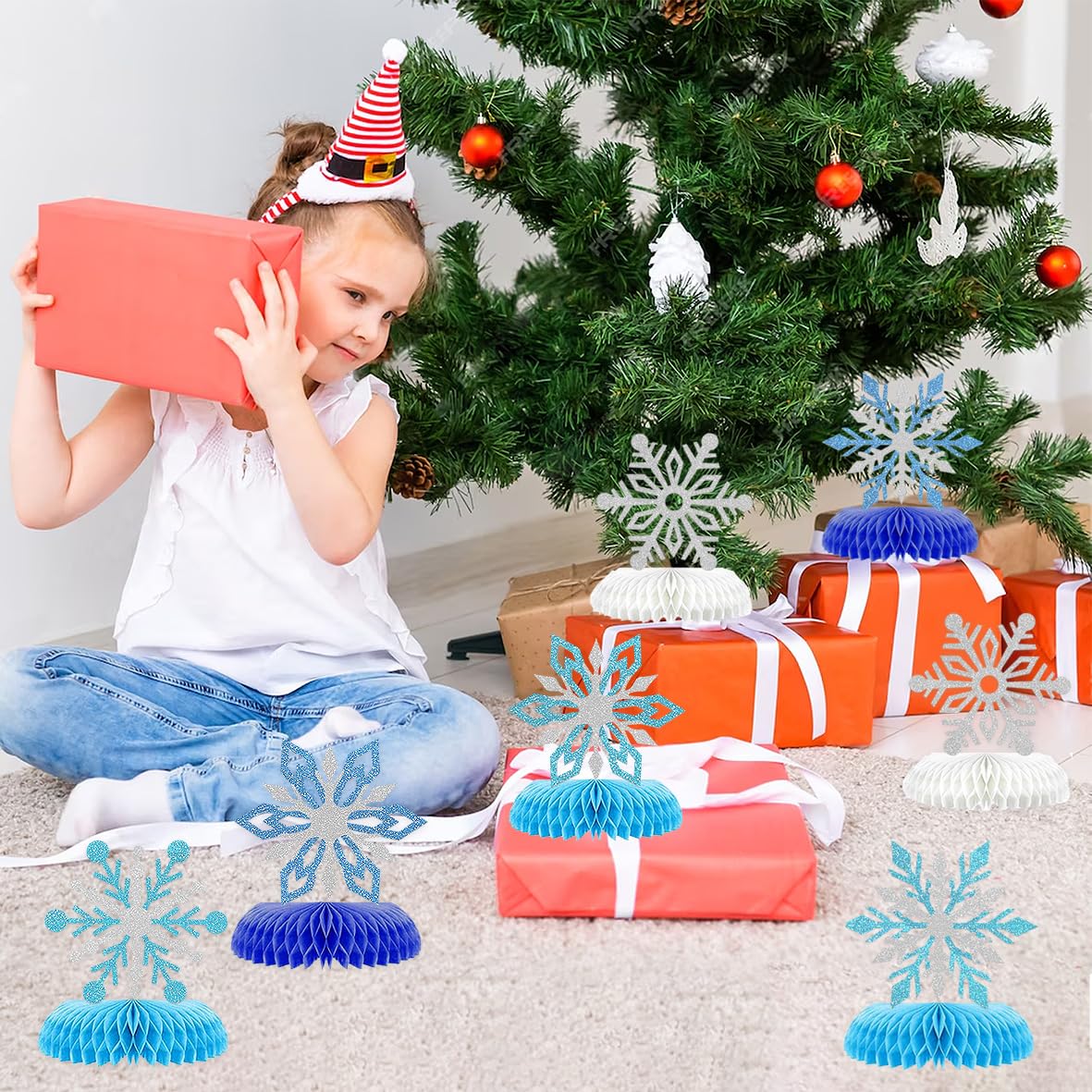 9Pcs Winter Wonderland Decorations 3D Snowflake Honeycomb Table Centerpieces for Frozen Winter Blue White Theme Christmas Baby Shower Birthday Party Supplies (Snowflake)