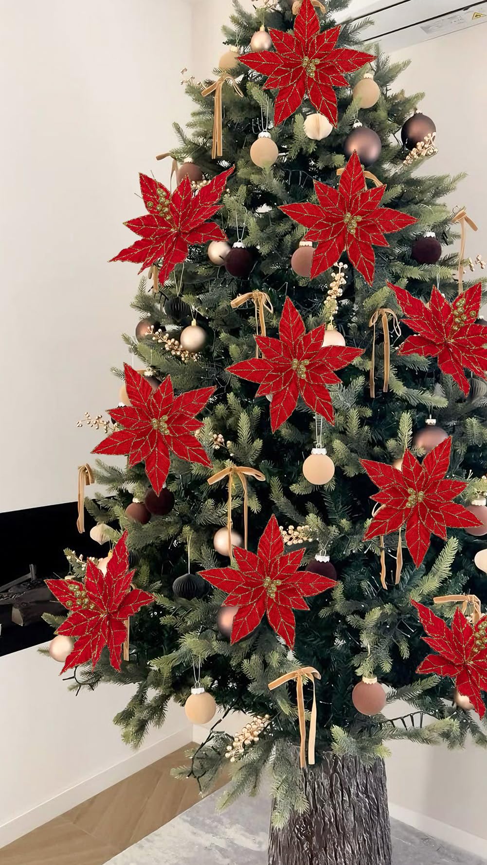 Briful 6 Pack Red Glitter Christmas Poinsettia Picks, 13.8'' Artificial Floral Stems with Gold Edges & Sparkle Beads, 9.8'' Blossom Holiday Flower Picks for Tree, Wreath, Table Centerpiece Decor