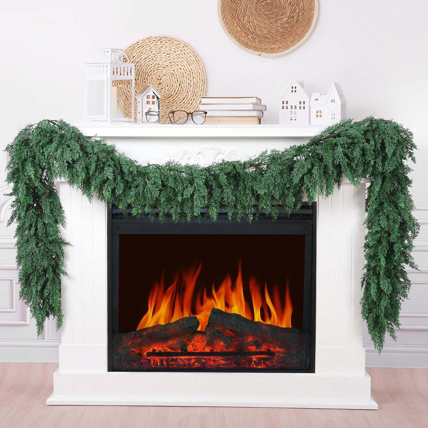 Hananona 9 FT Artificial Cedar Garlands, 1 Pcs Real Touch Winter Cedar Pine Garland, Green Artificial Greenery Garland for Table, Mantle, Wall, Indoor, Outdoor Christmas Decorations (1, Green, 9FT)