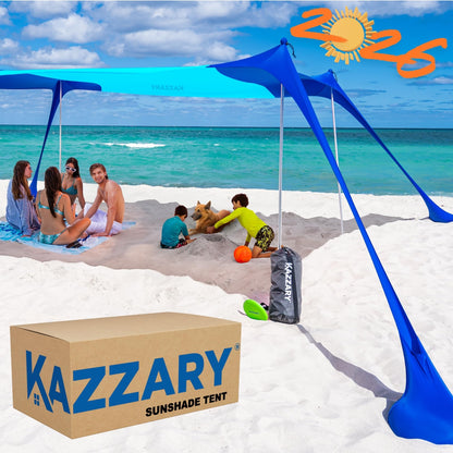 KAZZARY Beach Tent, UPF50+ 10x10 ft Sun Shade Canopy with Sandbags, 4 Stability Poles, Ground Pegs, Flying Disc Sand Shovel. Lightweight Sunshade Shelter, 7ft Tall for Camping Outdoor Trips and Sports