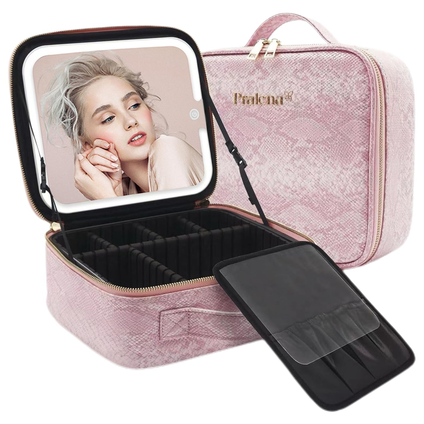 PRALENA Travel Makeup Bag with LED Mirror – 3 Brightness Modes, Portable Lighted Makeup Case with Adjustable Dividers, Cosmetic Organizer Gift for Women (Pink)