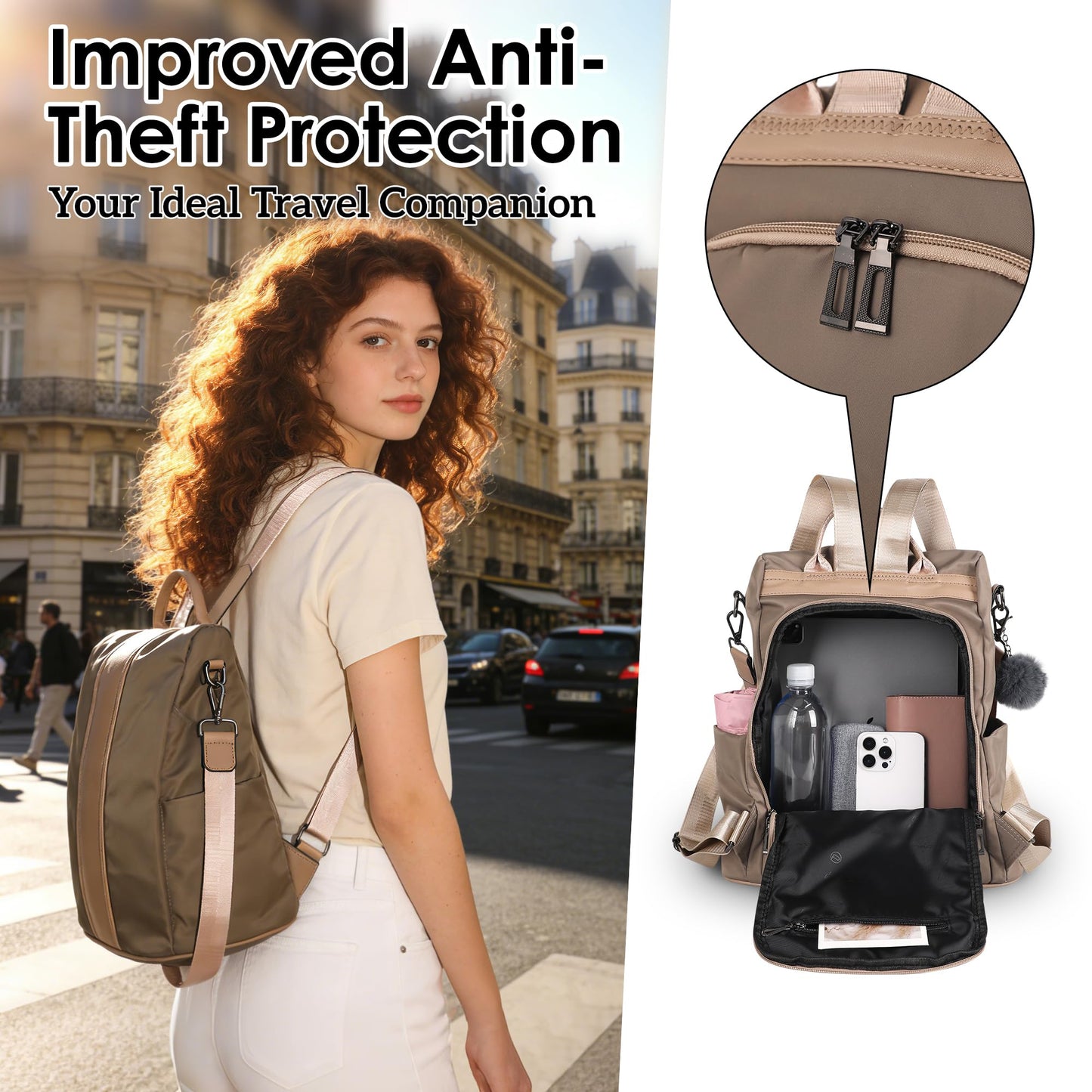 PINCNEL Women Khaki Medium Backpack Purse Waterproof Nylon Anti-theft Rucksack Lightweight Shoulder Bag