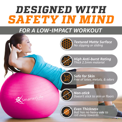 SmarterLife Exercise Ball Yoga Ball for Fitness, Balance, Stability, or Pregnancy, Gym Ball for Core Workout, Physical Therapy, Yoga Ball Chair for Office, Anti-Slip Anti-Burst