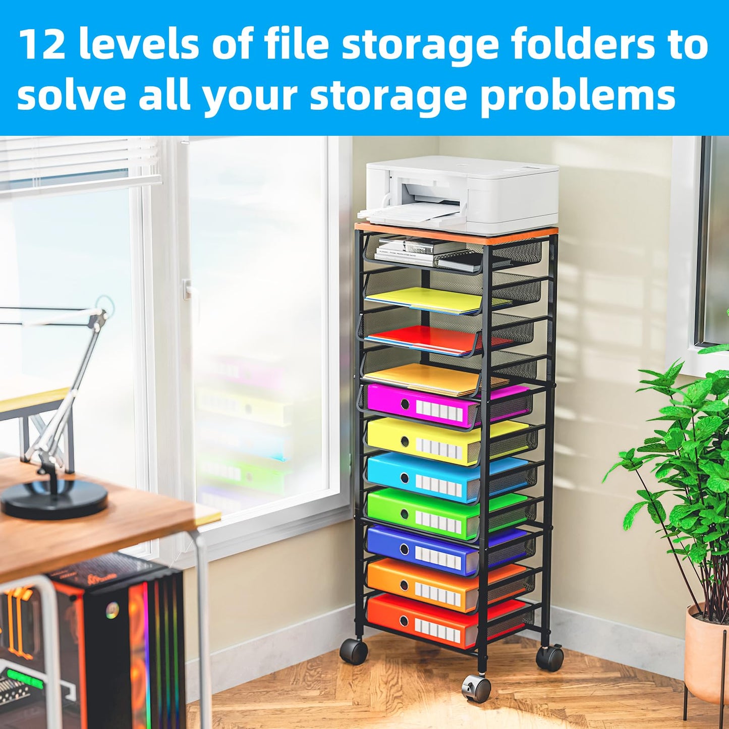 Simple Trending 12 Tier Rolling File Cart,Wood Desk File Organizer with Sliding Trays and Wetal Mesh Paper Letter Storage Multi-Functional Rolling Clutter Cart for Office, Home, School, Black