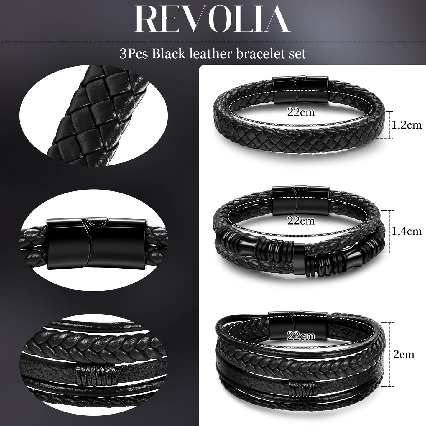 REVOLIA 3Pcs Black Leather Bracelets for Men Women Braided Leather Wristband Cuff Bracelets Multi-Layer Braided Leather Bracelets Set Black 7.5 Inch