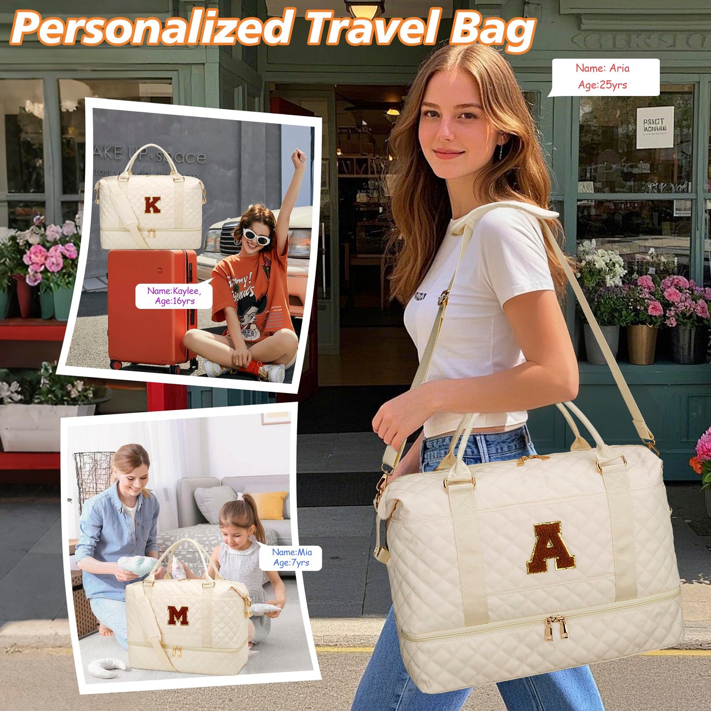 Gifts for Women Initial Travel Duffle Bag Quilted Weekender Bags Carry-On Overnight with Cosmetic Bag, Gym Bag with Shoe Compartment Hospital Bag for Women Labor Delivery, Beige-A