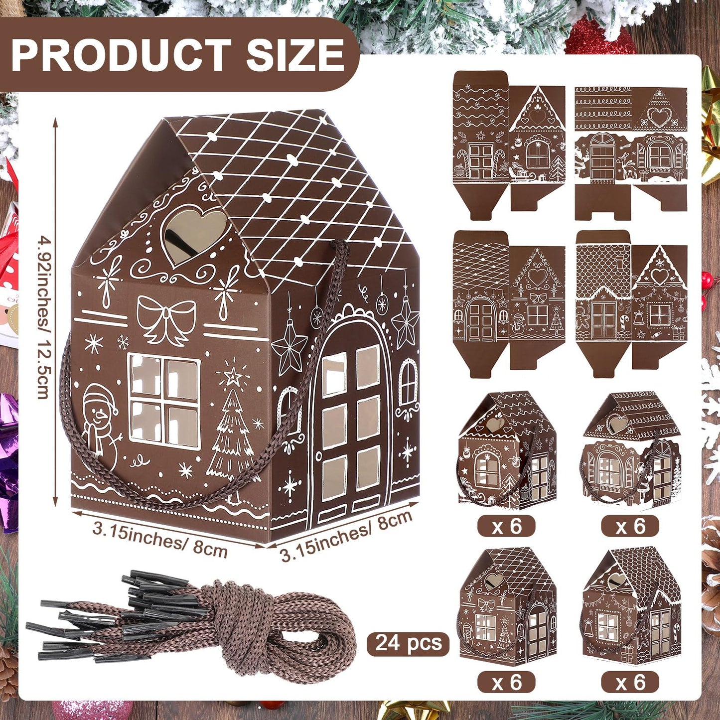 Gersoniel 24 Pcs Christmas Gift Boxes Candy Gingerbread House Mini Christmas Party Favor Box Small Paperboard Gift Container for Xmas Holiday Party Treat Cookie Goodie Snack Packaging (Dark Brown)
