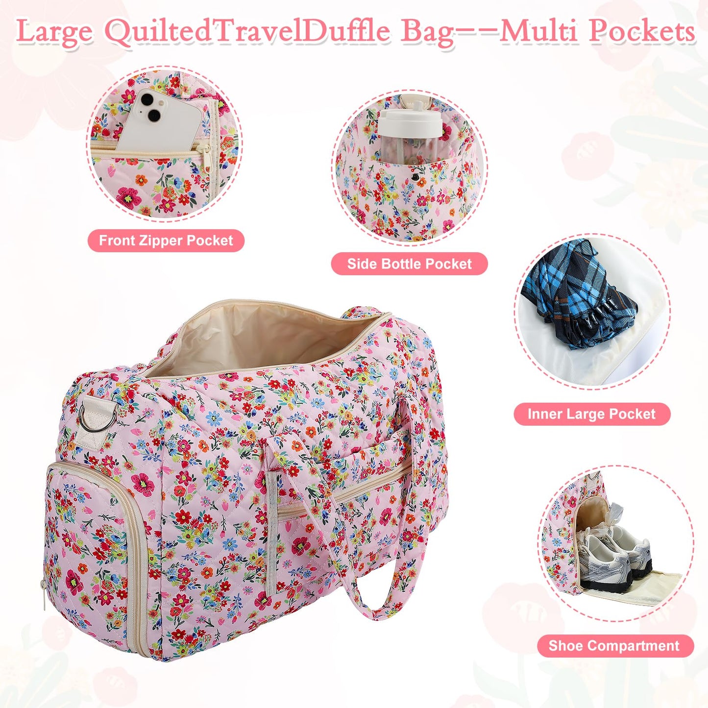 Large Floral Quilted Duffle Bag Coquette Pink Floral Portable Gym Lightweight Weekender Bag for Women with Makeup Pouch with Dry and Wet Separation for Women Travel Hospital