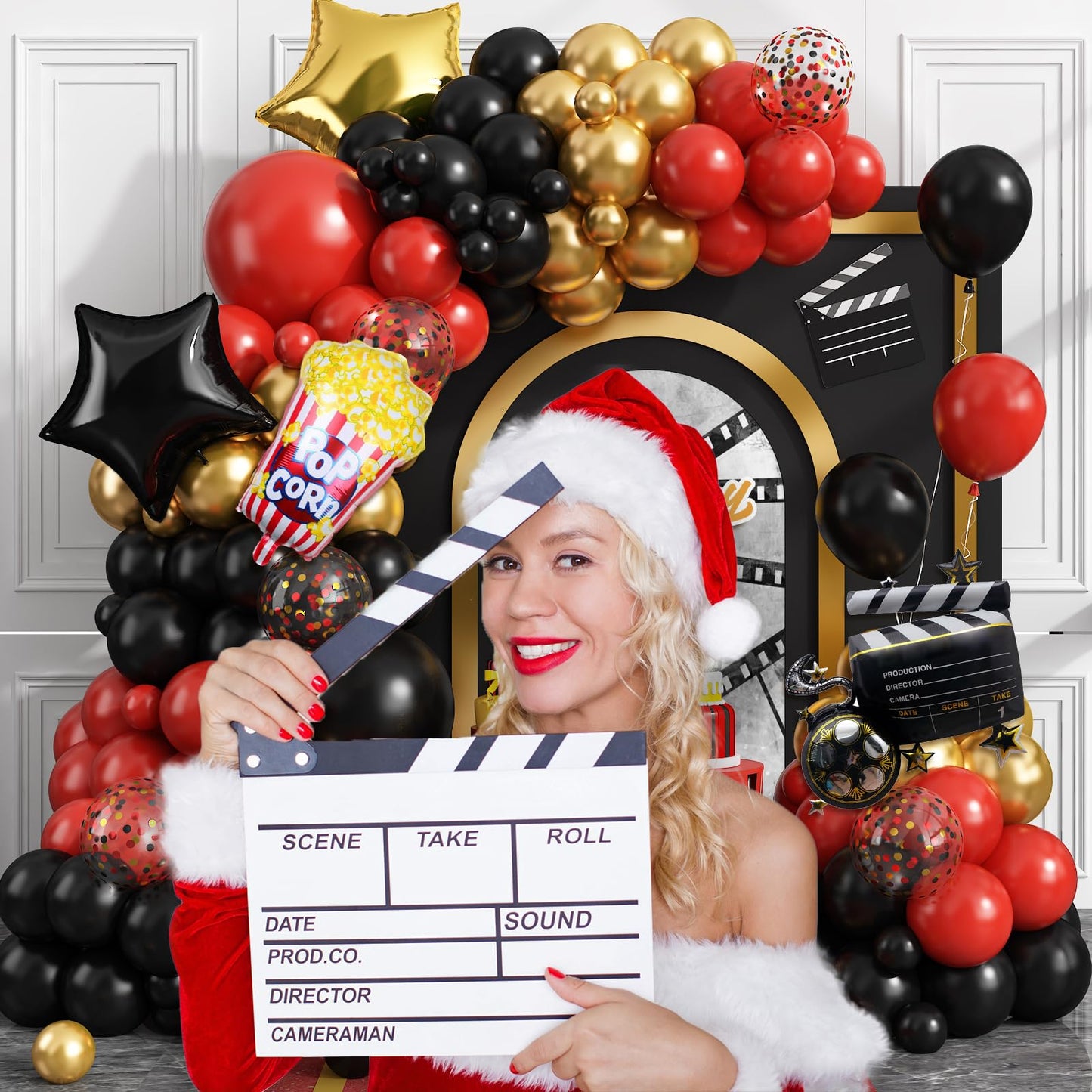 Movie Night Balloon Garland Arch Kit, Red Black Gold Confetti Balloons with Camera Star Popcorn Foil Balloons for Birthday Anniversaries Movie Theme Film Party Decorations
