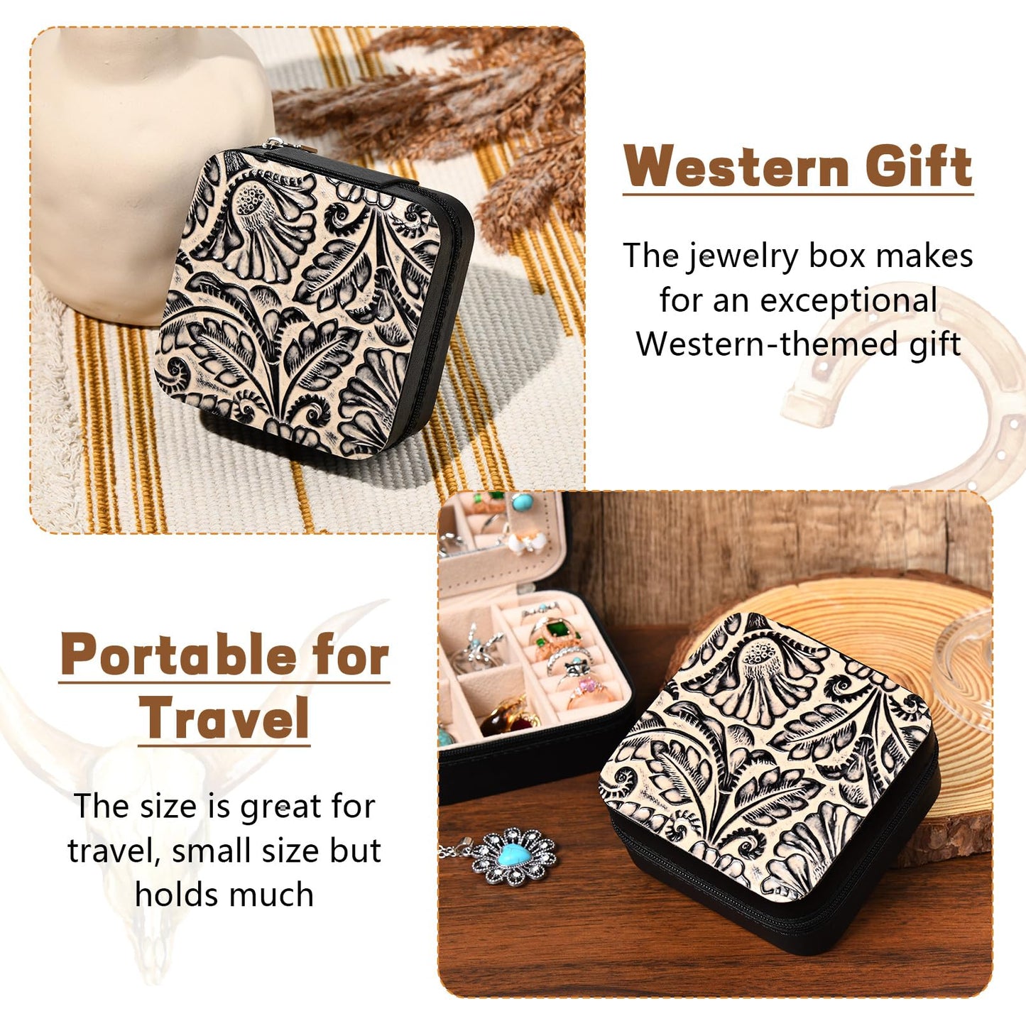 DEEKA Western Jewelry Box Case Real Leather Black and Beige Embossed Tooled Travel Jewelry Organizer Gifts Christmas Gifts for Women Country Girls Cowgirl Stuff Portable Travel Accessories -Black