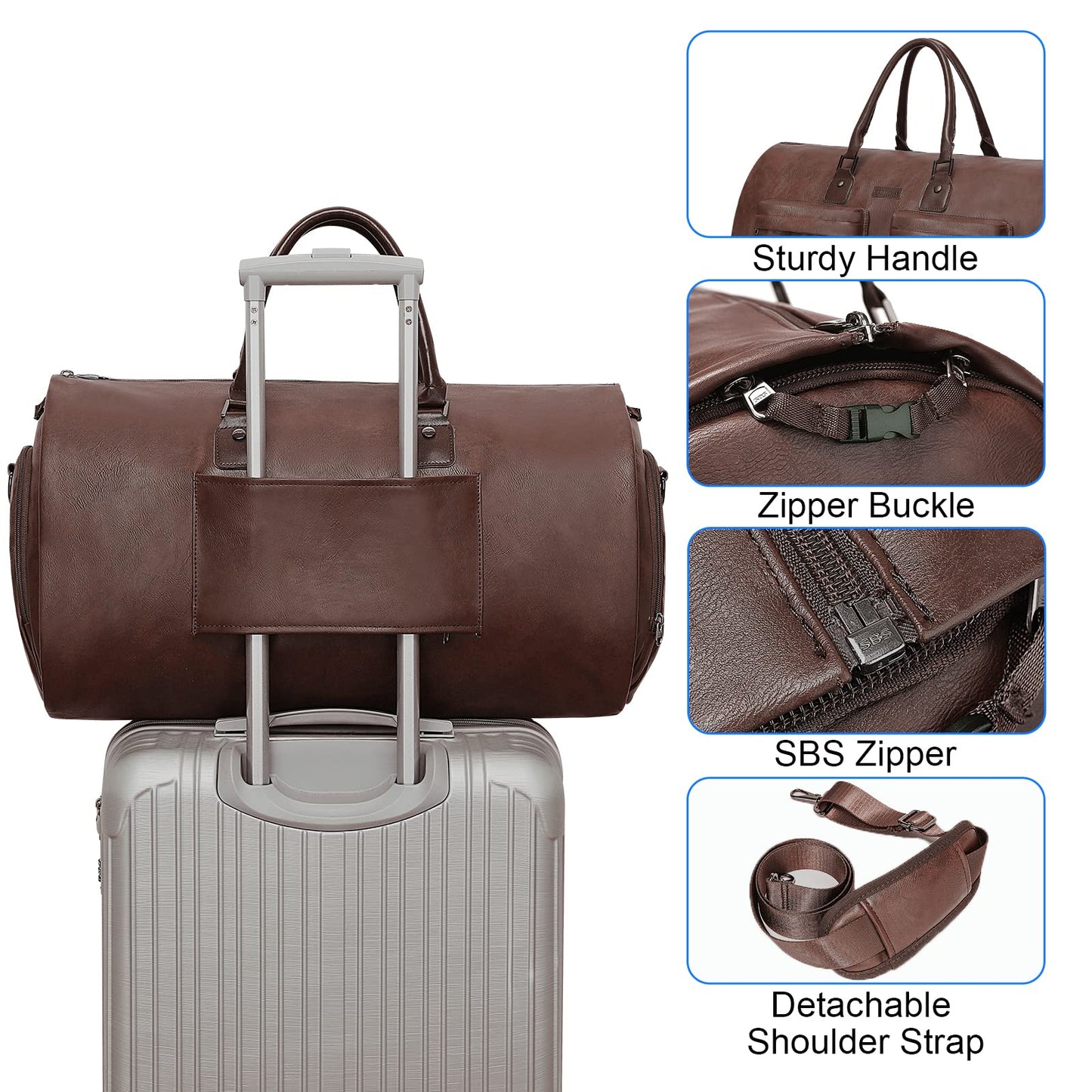 Modoker Convertible Leather Garment Bag, Carry on Garment Bags for Travel Waterproof Garment Duffel Bag Gifts for Men Women Business - 2 in 1 Hanging Suitcase Suit Travel Bags in Brown