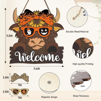 Highland Cow Front Door Decorations - Interchangeable Welcome Sign for Front Door with 16 Set Changeable Icons for Seasons Holiday Thanksgiving Christmas Door Decor