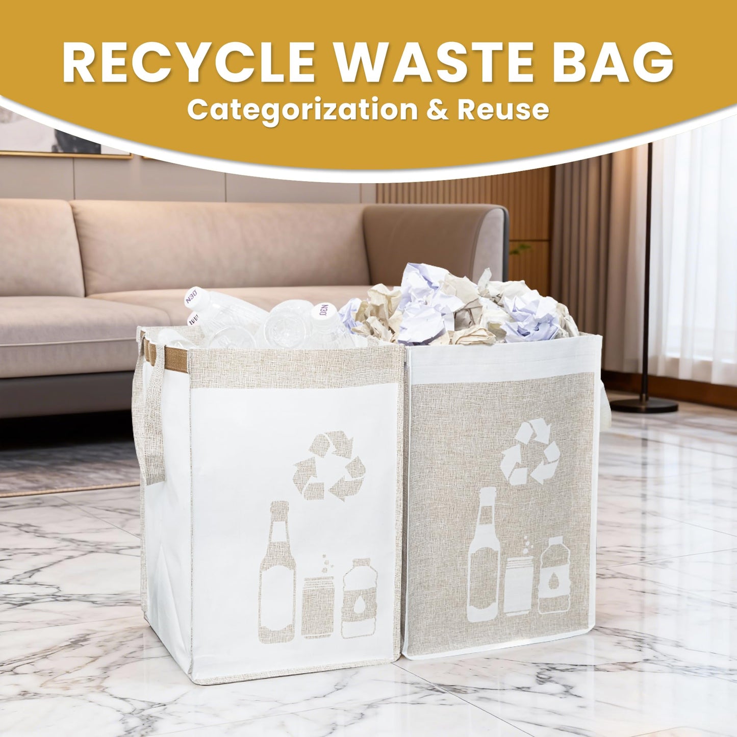 REFARICO Recycle Waste Bag for Kitchen Home- Indoor Recycling Bins Trash Sorting Organizer, Reusable and Waterproof, Yellow, 2 Pack